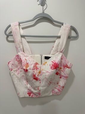 BCBGMaxAzria White Cropped Tank Top with Pink & Red Floral Brushstrokes